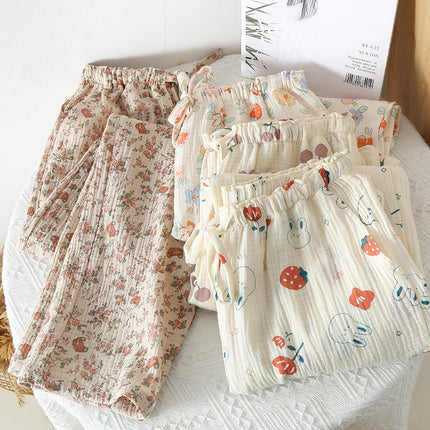 Women's Pajama Pants Summer Thin Pants Air Conditioning Pants Casual Loose Home Pants Outer Wearing Pure Cotton Double-Layer Yarn Loose