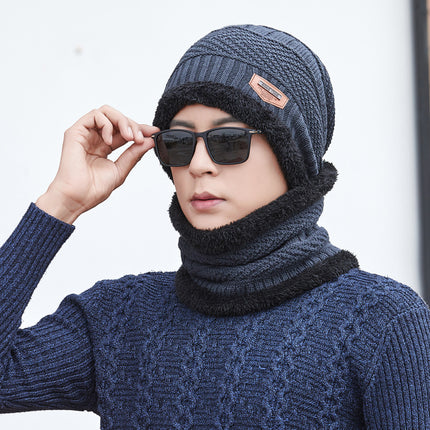 Winter Hat Two-Piece Set for Men and Women, Warm Knitted Woolen Hat with Fleece Lining, Cycling Cold-Proof Neck Warmer, Men's Cotton Hat Set