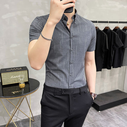 Foreign trade wholesale new men's meteor shower printing short sleeve shirt slim fashion British business casual shirt