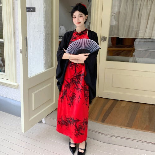New Chinese Style Vintage Ink Bamboo Neck Cheongsam dress Women's Summer Elegant Thin Cape Shawl Cardigan Two-piece Set