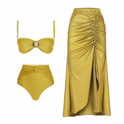 2025 Cross-border Bikini Three-piece High-waist Split Swimsuit Women's Bohemian Style Solid Color Sexy Women's Swimsuit