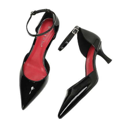Summer New Style French One-Line Buckle High-Heeled Shoes for Women, Pointed Toe Stiletto Heels, Hollow Shoes, Fashionable and Casual Women's Shoes