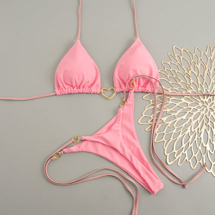 2025 New European and American Metal Decorative Halterneck Push-Up Bikini Brazilian Sexy Pure Color Split Swimsuit Bikini