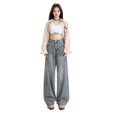 American Style Vintage Old-fashioned High Waist Fur Edge Wide Leg Pants Women's Spring New Straight Loose Slimming All-match Jeans for Women