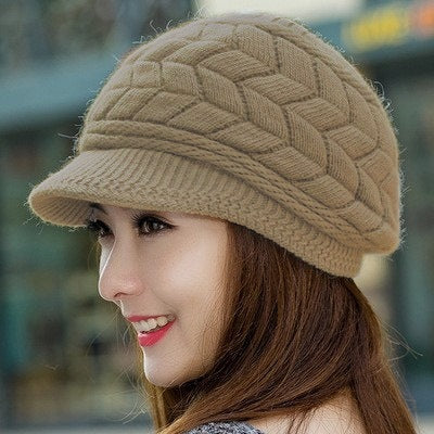 Vintage Women Winter Warm Knitted Hat Cold Weather Running Camping Walking Fashion Skiing Cap with Sun Visor