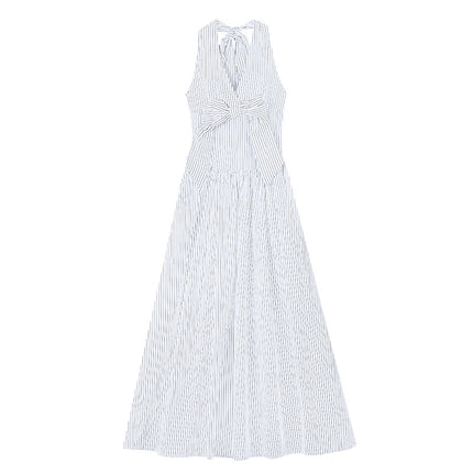 Gentle Style Stripesd Bow Halter V-Neck Dress for Women Summer Seaside Vacation A-Line Skirt French Style Long Skirt