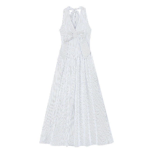 Gentle Style Stripesd Bow Halter V-Neck Dress for Women Summer Seaside Vacation A-Line Skirt French Style Long Skirt