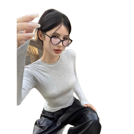 Black Long-Sleeve T-Shirt for Women, New Foreign Trade Style, Slim-Fit Versatile Base Shirt, Women's Versatile Trendy Waist-Cinching Top