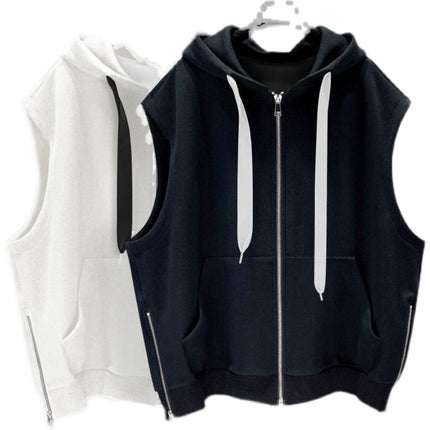 Hong Kong-style hooded vest men's outerwear handsome trend handsome zipper slit design sense sleeveless vest loose all-match