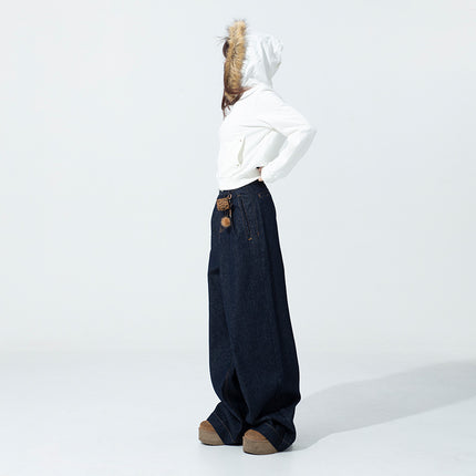 Spring and Autumn New American Style Retro Original Cow Color High Waist Wide Leg Pants Women's Loose Slimming All-match Dipped Fit Jeans