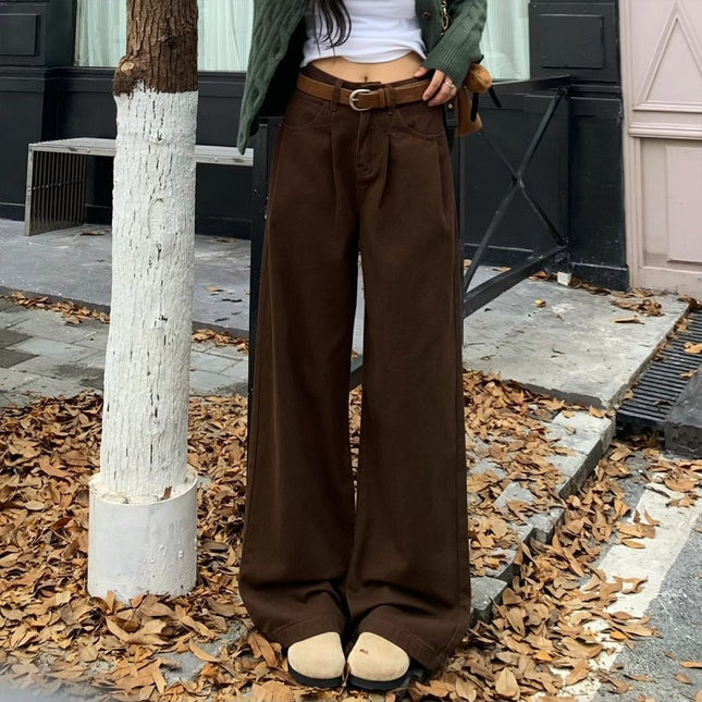 Brown Wide Leg Jeans Women's Trendy All-match New Maillard High Waist Loose Slimming Straight Long Pants