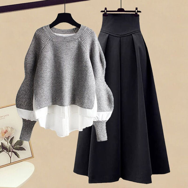 Autumn with a set of 2024 new plus size wear fake two-piece shirt top women's skirt two-piece set