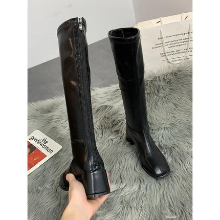 High-Top Knight Boots for Women with Plush Lining, 2025 Autumn and Winter New Style, Petite Knee-High Boots with Chunky Heels and Square Toe, Plus-Size Boots