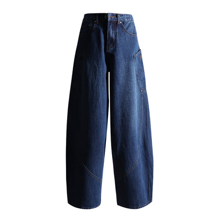 Vintage dark blue High Street Loose Fashion Machete Pants Women's Spring Design Sense Big Pocket Wide Leg Jeans Mop Pants