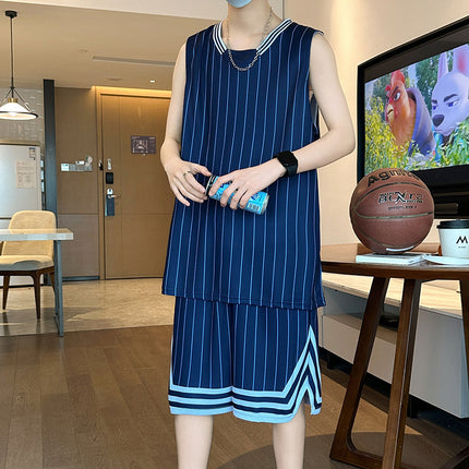 New 2025 Men's Running Stripe Sports Ice Silk Suit Men's Summer Basketball Suit Summer Sports Suit Men