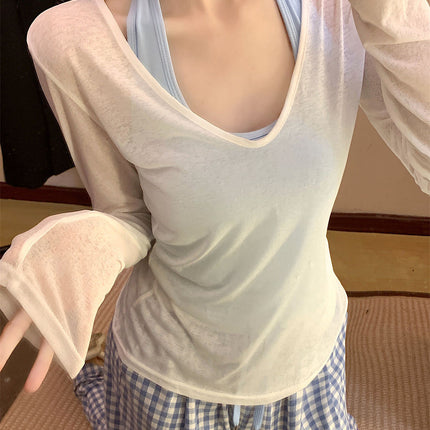 Beach Wear Sun Protection Blouse T-Shirt for Women 2025 Summer Thin Long-Sleeved Top with Suspender Two-Piece Set