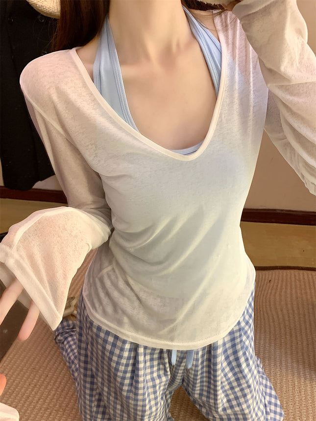 Beach Wear Sun Protection Blouse T-Shirt for Women 2025 Summer Thin Long-Sleeved Top with Suspender Two-Piece Set