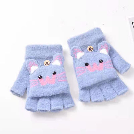 Cute Kitten Cartoon Knitted Children's Half-Finger Flip-Up Gloves, Thickened and Warm, Autumn and Winter Korean Style Student Cold-Proof Gloves