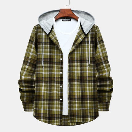 Cross-border Hooded Plaid Shirt Men's 2024 Foreign Trade Autumn Harajuku Style Plaid Hooded Shirt Men's Hong Kong Style Casual Shirt