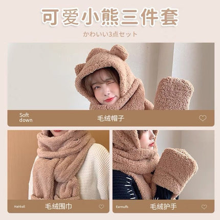 Autumn and Winter Ready-Made Bear Hat Scarf Integrated Gloves Plush Double-Layer Thickeneded Multi-Functional Ear Protection Outdoor Warm Hat