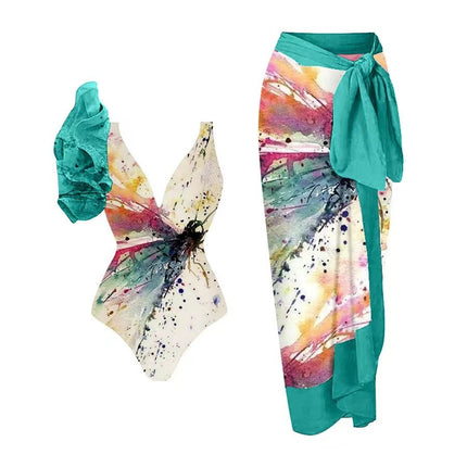 European and American one-piece swimsuit bikini suit bikini conservative belly-covered beach skirt chiffon wrap skirt hot spring swimsuit