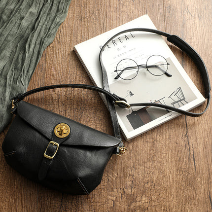 Genuine Leather Vintage Saddle Bag Thick Soft Vegetable Tanning Top Layer Leather Crossbody Dumpling Bag Korean Casual Brass Hardware 32008