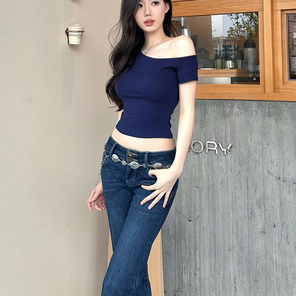 Pure Desire Style Off-Shoulder Short-Sleeve T-Shirt for Women, Summer Short Crop Top, Slim Fit, Stretchy, Versatile