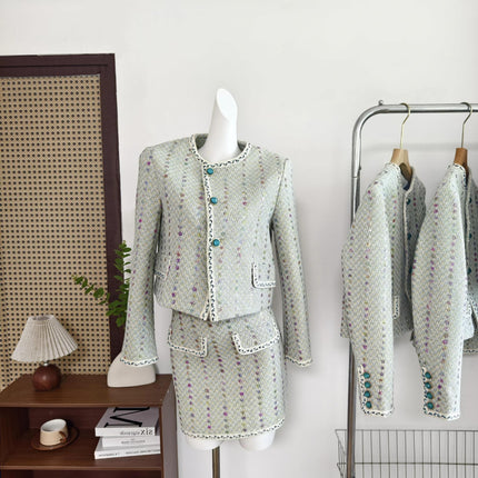 Chanel-Style Women's Suit 2026 Spring and Autumn New Woven Heavy Sequin Short Jacket and Long Skirt Two-Piece Set