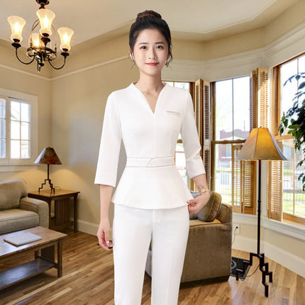Spring and Summer Beauty Salon Technician Black and White High-Elastic Work Clothes Women's Fashionable Elegant Foot Massage Shop Mid-Sleeve Pants Suit