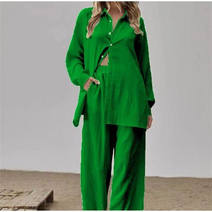 2024 European and American women's shirt pants set long sleeve lapel shirt and elastic pants 2 piece set fashion office suit