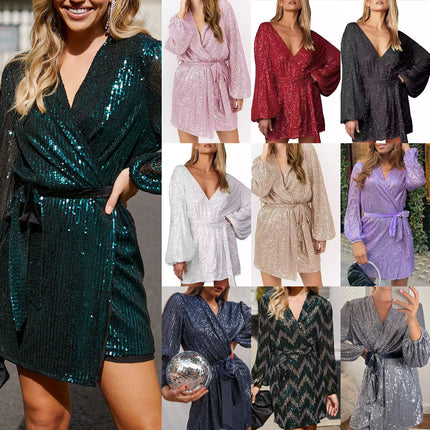 2025 New Sequin Mini Wrap Dress Women's V-Neck Long Sleeve Puff Sleeve Glitter Wrap Party Outfit