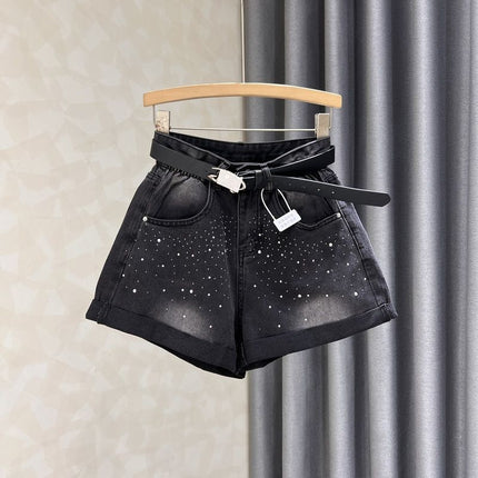 Black Grey Denim Shorts Women's Summer New Western Style Hot Drilling Slim Retro High Waist Curled Wide Leg Pants Hot Trendy Pants