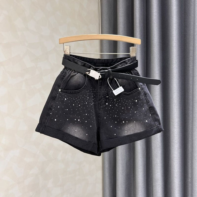 Black Grey Denim Shorts Women's Summer New Western Style Hot Drilling Slim Retro High Waist Curled Wide Leg Pants Hot Trendy Pants