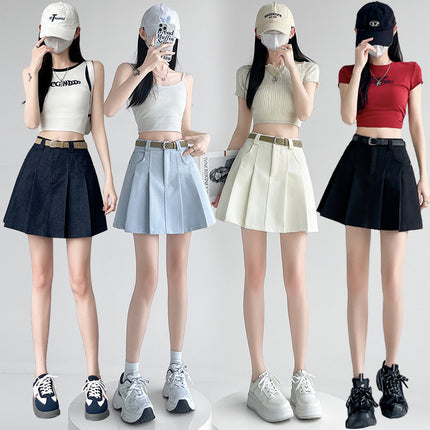 Sky Blue Pleated Skirt Women's Summer New High Waist Slimming All-Match A- Line Skirt Anti-Light Hip Short Skirt