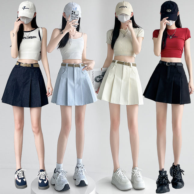 Sky Blue Pleated Skirt Women's Summer New High Waist Slimming All-Match A- Line Skirt Anti-Light Hip Short Skirt