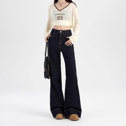 Tannin Blue Straight Micro Jeans Women's Trendy All-match New High Waist Stretch Slim-fit Wide-leg Long Pants