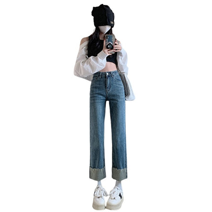 High waist fleece-lined retro curling jeans for women 2023 autumn and winter new small slim straight pipe pants