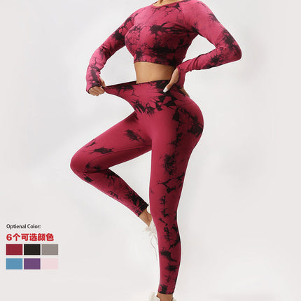 European and American Cross-border Seamless Tie-dyeing Fitness Sports Long Sleeve High Waist Peach Belly Tight Pants Yoga Sports suit