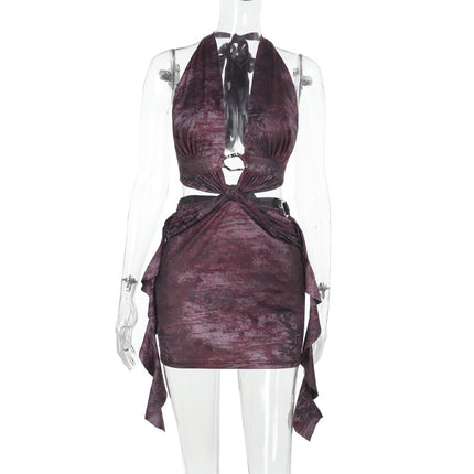 European and American Cross-Border Halterneck Dress with Ribbons, Cut Out Back Straps, Sexy Nightclub Party Slim Fit Hip-Hugging Short Skirt for Women