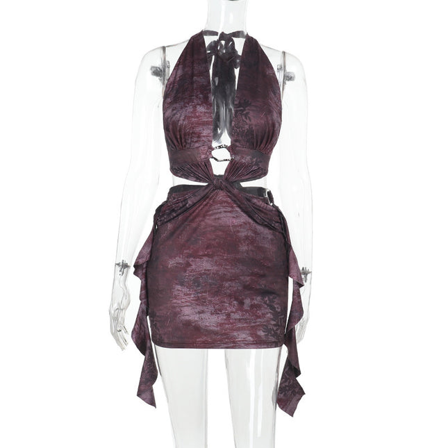 European and American Cross-Border Halterneck Dress with Ribbons, Cut Out Back Straps, Sexy Nightclub Party Slim Fit Hip-Hugging Short Skirt for Women