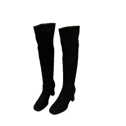 Women's Autumn Boots with Wide Calf Circumference, Square Toe, Long Slim Boots, Retro Style, Pleated Chunky Heel, High Tube Long Boots