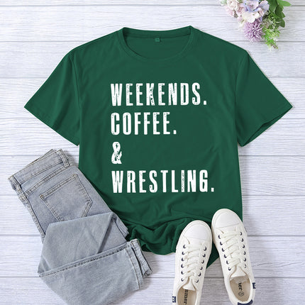 Cross-border Amazon WEEKENDS COFFEE WRESTLING printed short-sleeved women's top T-shirt European code