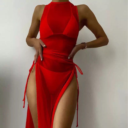 Amazon's New European and American Solid Color Bikini Cover-Up Beach Skirt Three-Piece Swimsuit Women's High-End Hot Spring Swimsuit