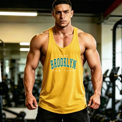 Summer Men's Vest Thin Strap Sports European and American Bodybuilding Fitness T-shirt Printed logo Waistle I-Shoulder Loose Men