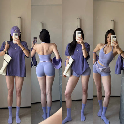Two-Piece Halterneck Beautiful Back Yoga Df Sports Vest European and American Buttocks Shorts Training Peach Fitness Clothing Women's Suit