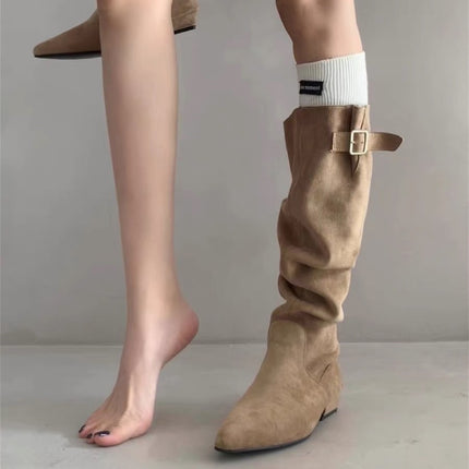 Petite Women's Pointed-Toe Platform Boots That Increase Height by 5cm, Over-The-Knee Thick High-Heeled Long Boots, Pleated Slim Boots, Denim Boots