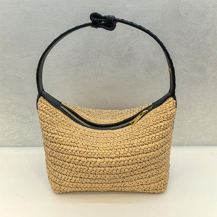 2025 Raffia Fiber Handmade Crochet Shoulder Lunch Box Bag Woven Tote Underarm Bag for Women Versatile Zipper