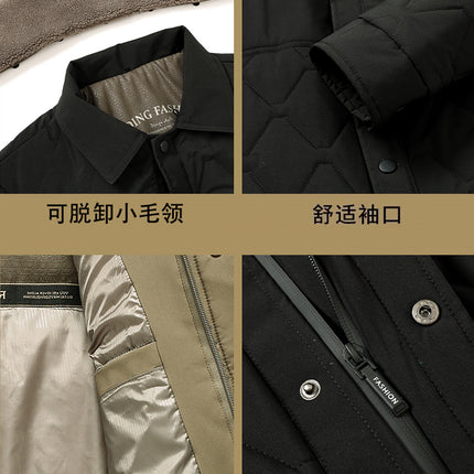 Men's Winter Thickeneded Quilted Warm Cotton Outwear with Removable Fur Collar for Middle-Aged Dads Lapel Cotton Top 2566