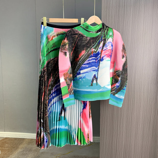 Miyake Style Design Niche Watercolor Print Two-Piece Set European Fashionable Elegant Top Pleated Skirt Two-Piece Set