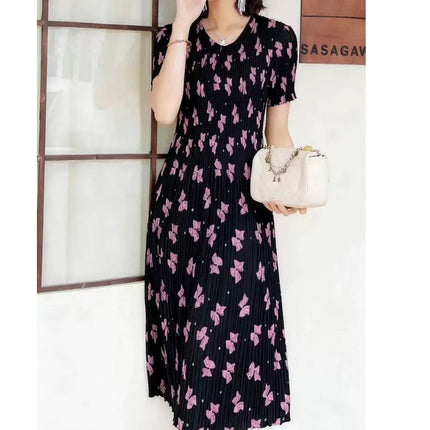 Miyake pleated 2025 summer new temperament round neck printed pleated skirt fashion waist thin magic dress